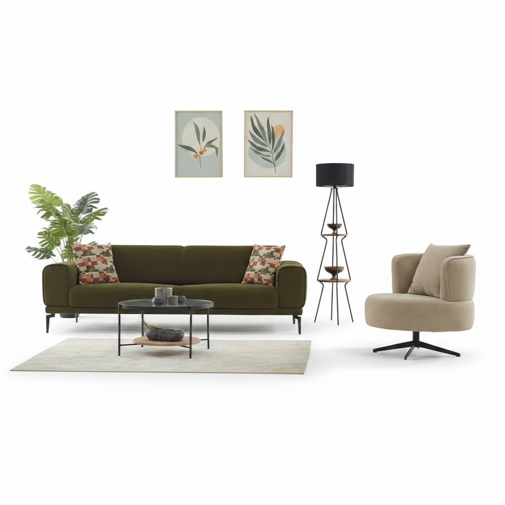 Komplette Couchgarnitur Polstersofa Dreisitzer Sessel GrÃ¼n Stoffsofa