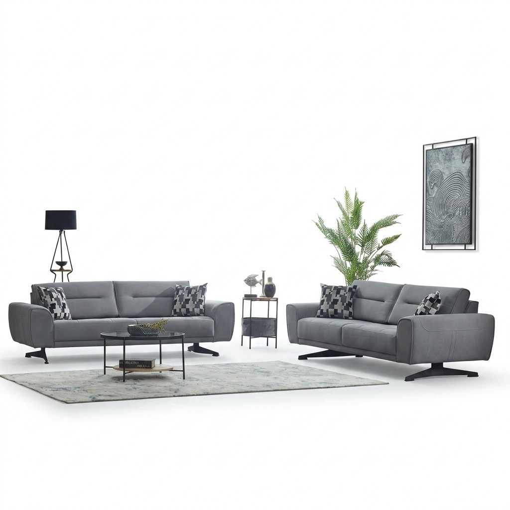 Komplette Couchgarnitur Polstersofa Dreisitzer Stoff Grau Sofa 2tlg