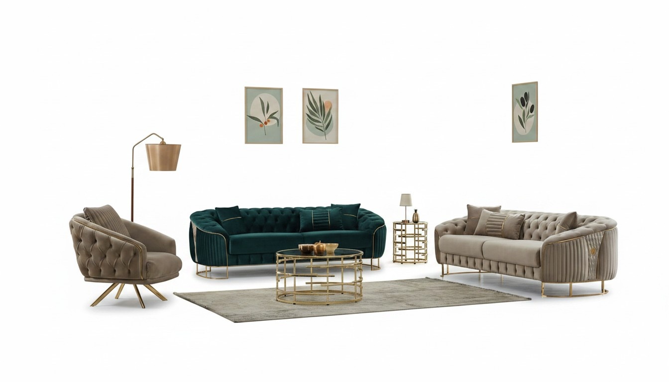Komplette Couchgarnitur Polstersofa Dreisitzer Sessel Beige Stoff 3tlg
