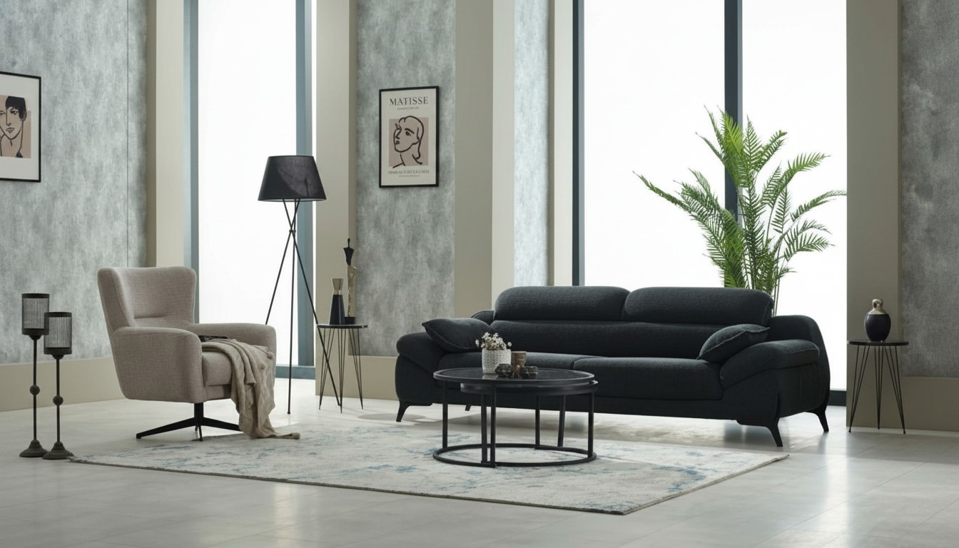 Komplette Couchgarnitur Polstersofa Dreisitzer Stoff Schwarz Sessel