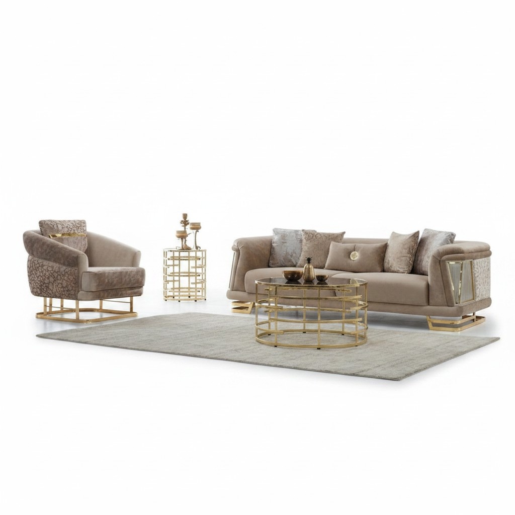 Komplette Couchgarnitur Polstersofa Dreisitzer Stoffsofa Sessel Beige
