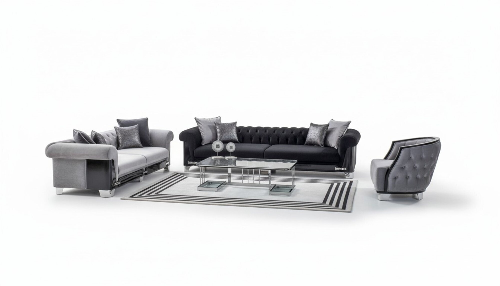 Komplette Couchgarnitur Sofagarnitur Sofa Sitzer Stoff Grau Schwarz
