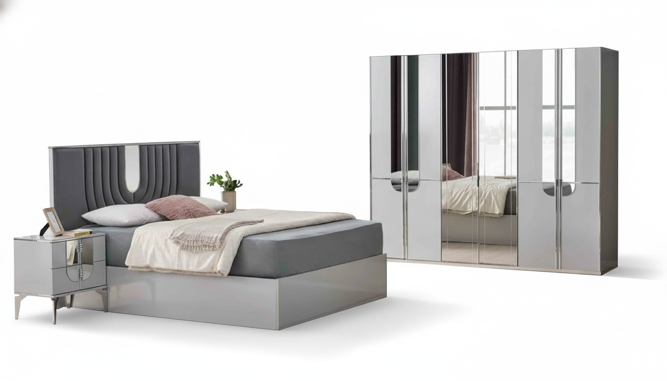 Komplette Doppelbett Nachttische Bett 4tlg Grau Schrank Schlafzimmer