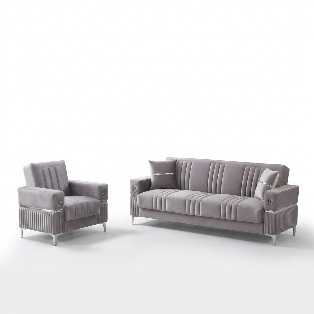 Komplette Dreisitzer Couch Sessel Stoff 3 Sitzer Sofa Beige Set 2tlg