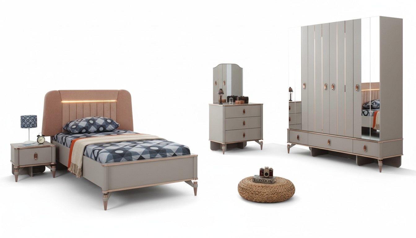 Komplette Jugenbett KindermÃ¶bel Kinderbett Beige Holz Set 5tlg Modern