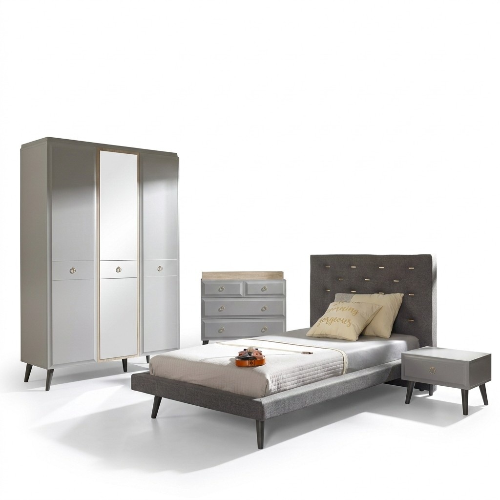 Komplette Jugendbett SchlafzimmermÃ¶bel Holzbett Bett Grau Set 4tlg