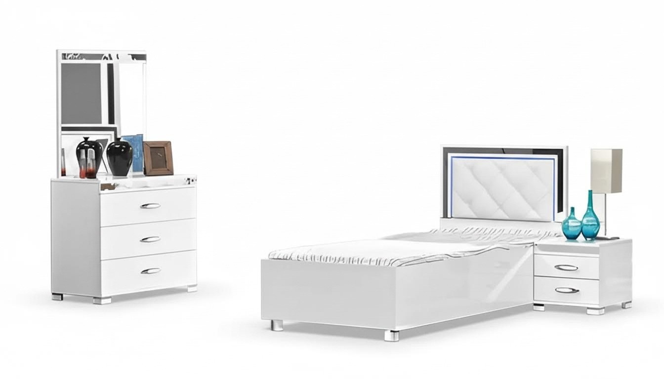 Komplette Schlafzimmer Bett Kommode Tische 3tlg WeiÃ Holz Einzelbett