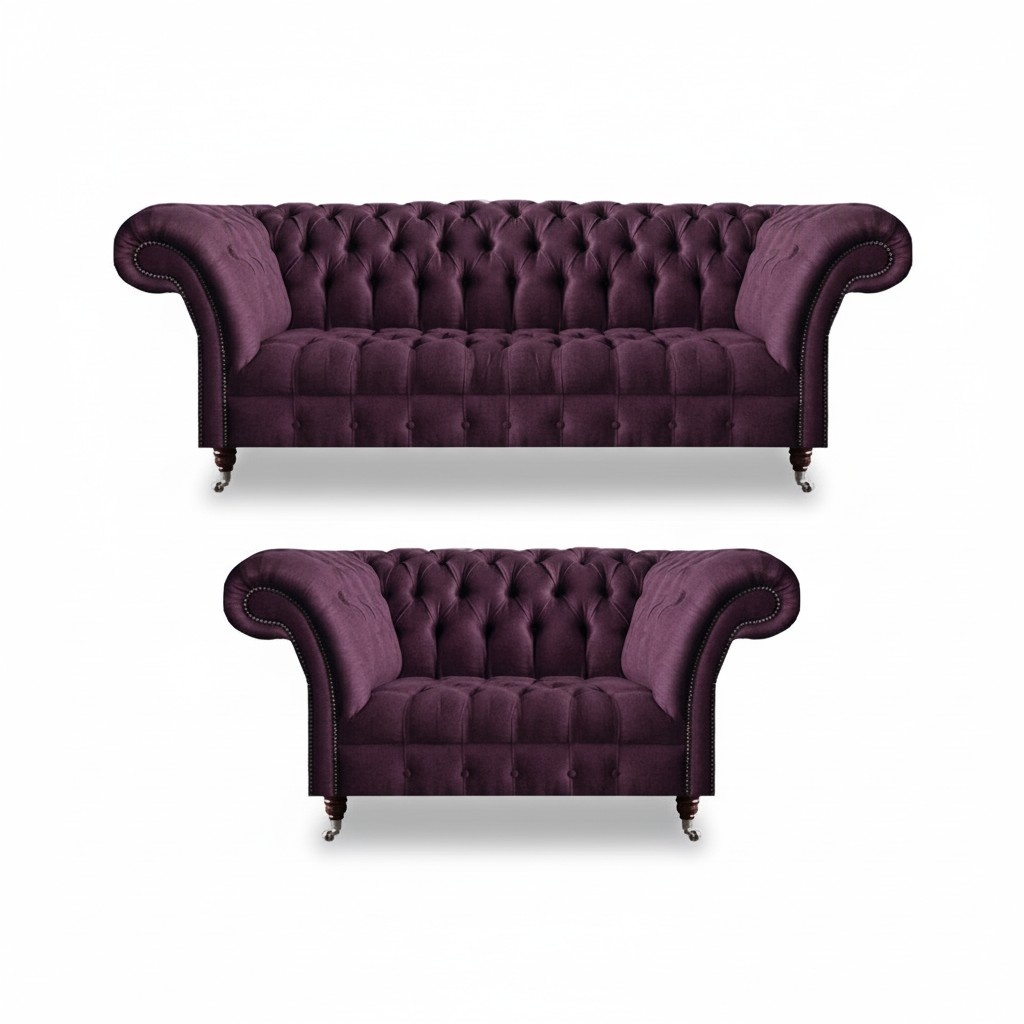 Lila Chesterfield Garnitur Textilsofas Wohnzimmer Dreisitzer 2-Sitzer