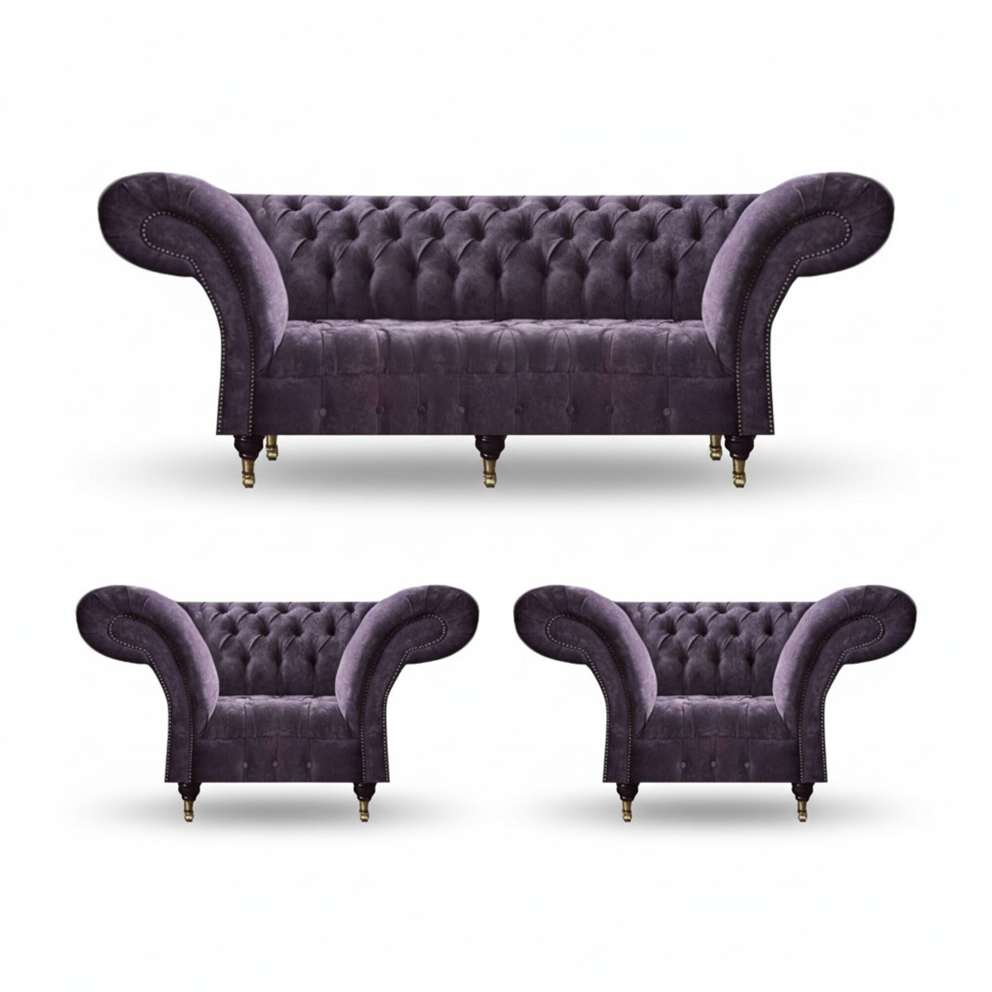 Lila Chesterfield Polstergarnitur Wohnzimmer 3-Sitzer Designer 2x Sessel