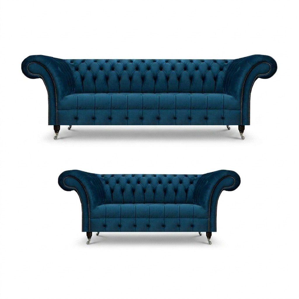 LuxuriÃ¶se Blaue Chesterfield Textilgarnitur 3-Sitzer Sofa Zweisitzer