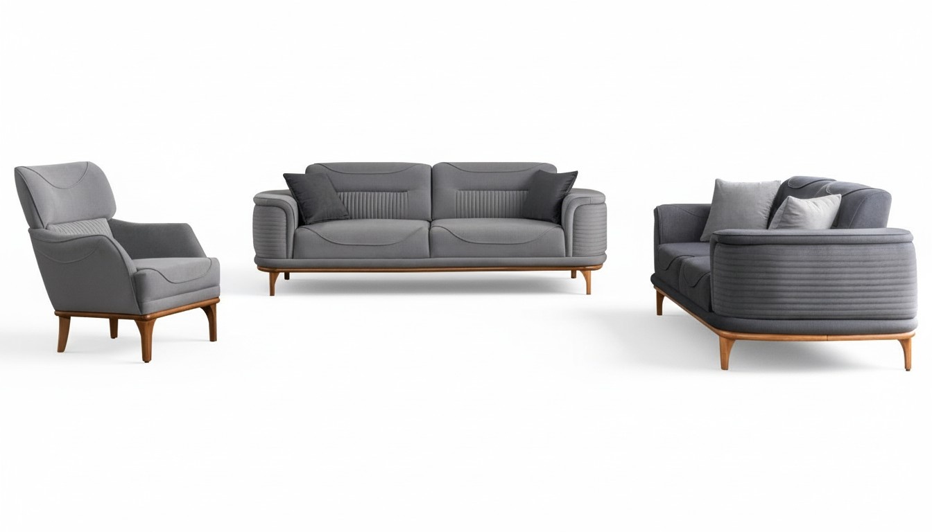 LuxuriÃ¶se Polstergarnitur in Grau: Zwei Dreisitzer-Sofas & Sessel Neu