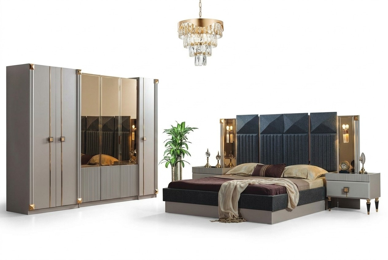 Luxuriöse Schlafzimmer Möbel Polster Doppelbett Holz Nachttische Schrank