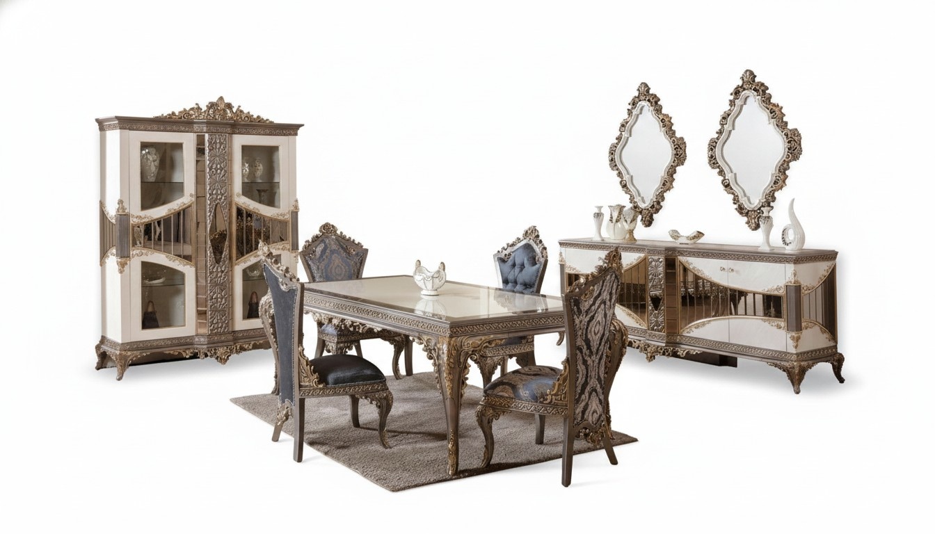 LuxuriÃ¶se WeiÃe Esszimmer Garnitur Esszimmer MÃ¶bel Tisch StÃ¼hle Spiegel