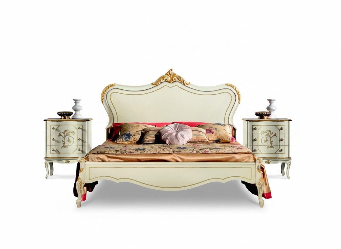 Luxus Bett 160x195cm mit Holz Kopfteil und 2 Nachttischen Italienische MÃ¶bel Neu