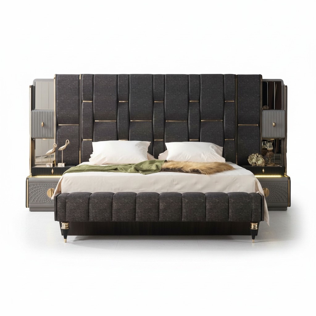 Luxus Bett 2x Nachttische Hochwertig SchlafzimmermÃ¶bel Holzgestell Design MÃ¶bel