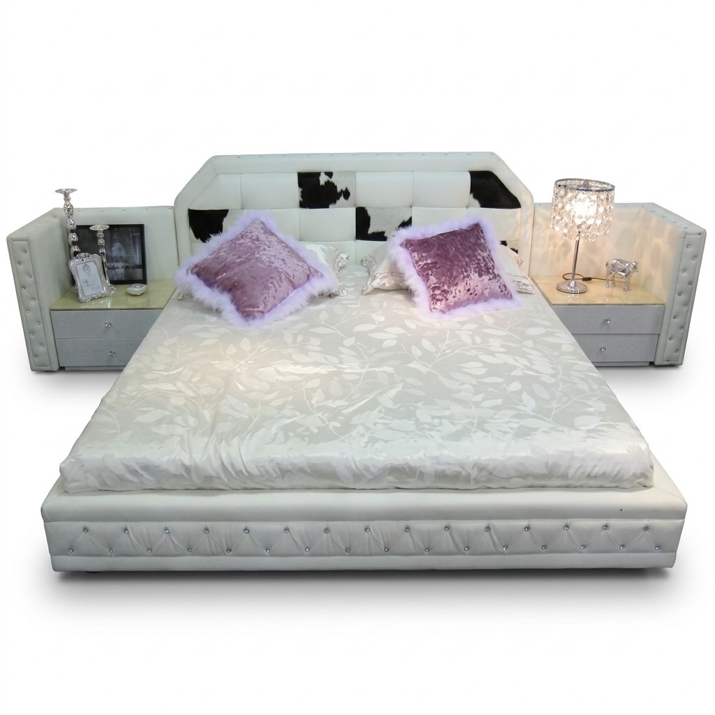 Luxus Bett Chesterfield Doppelbett Echleder mit Ponyfell Betten WeiÃ MÃ¶bel