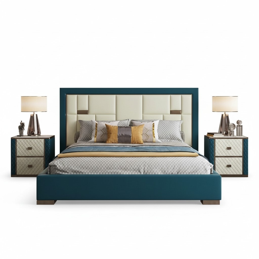 Luxus Blaues Bett mit Gepolstertem Kopfteil Modernes Design und Akzentfarben