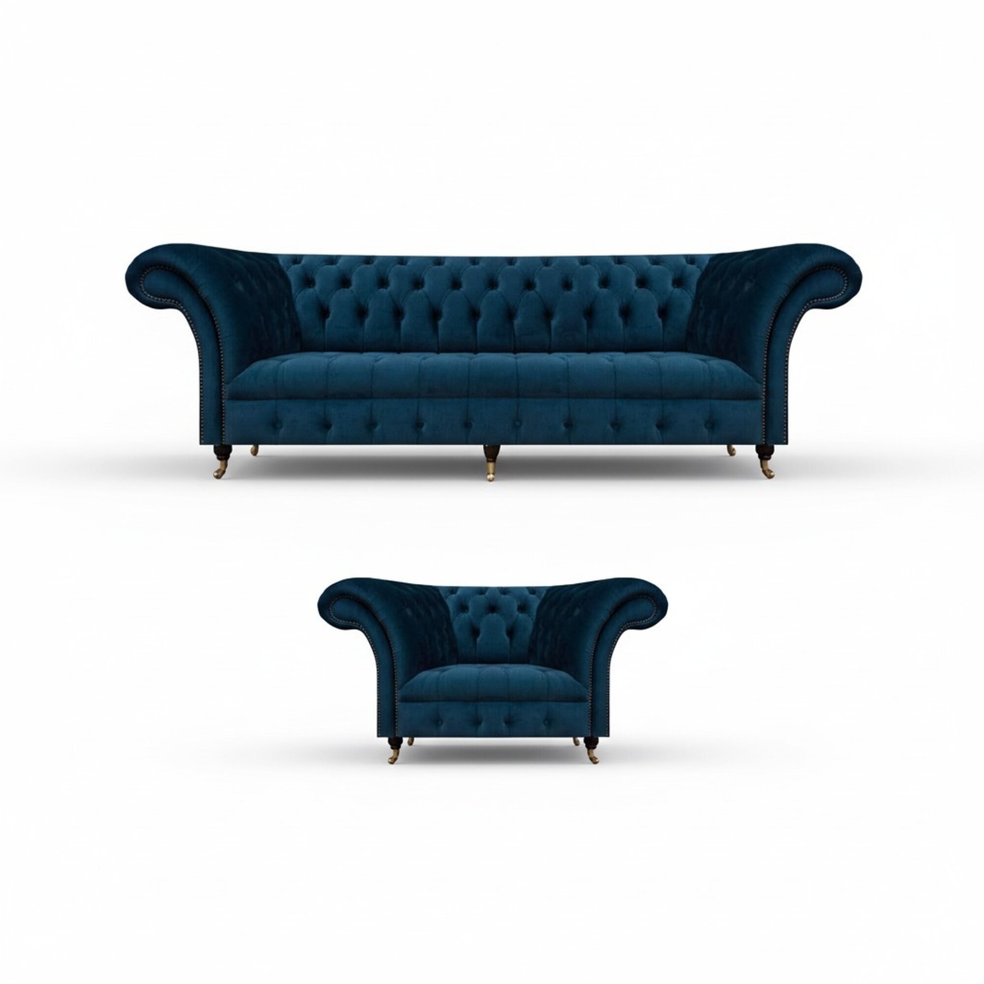 Luxus Chesterfield Blaue Stoffgarnitur Edle 3-Sitzer Couch Lehnsessel