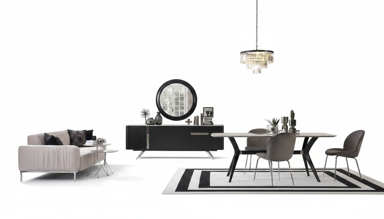 7tlg Luxus Loft Design Esszimmer Set Möbel Tisch Kommode 4x Stühle