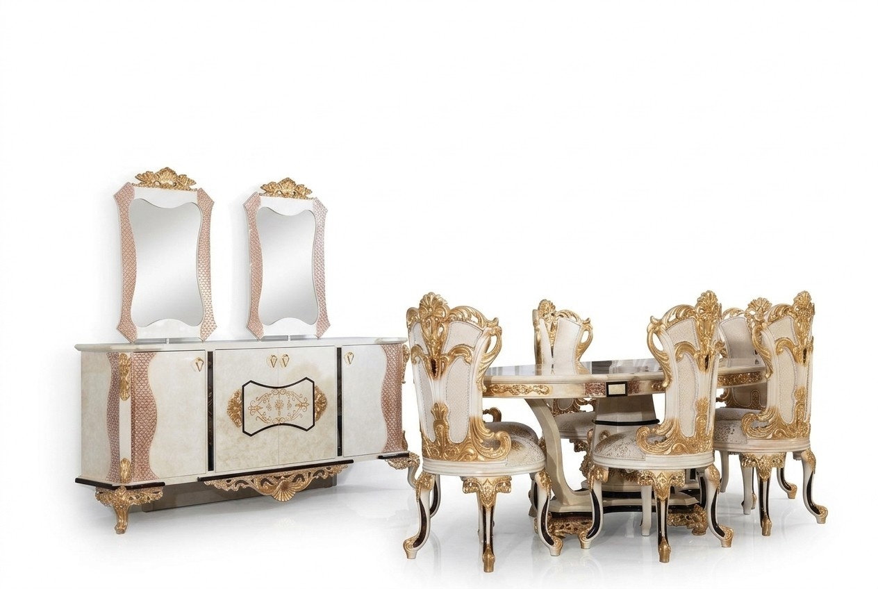 Luxus Esszimmer Set 9 tlg. Esstisch + 6x StÃ¼hle + Anrichte mit Spiegel weiÃ Neu