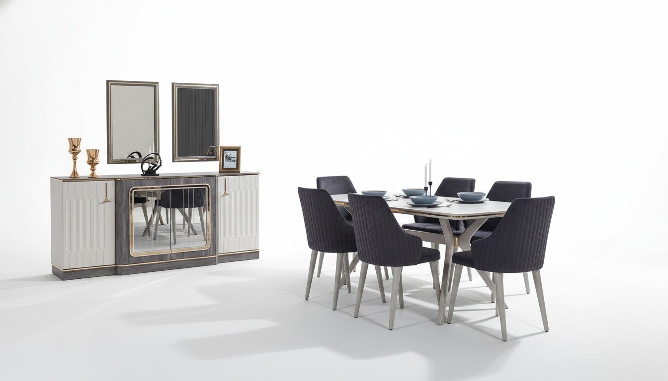 Luxus Esszimmer Set Esstisch + 6x Stühle + Sideboard mit 2x Spiegel Set