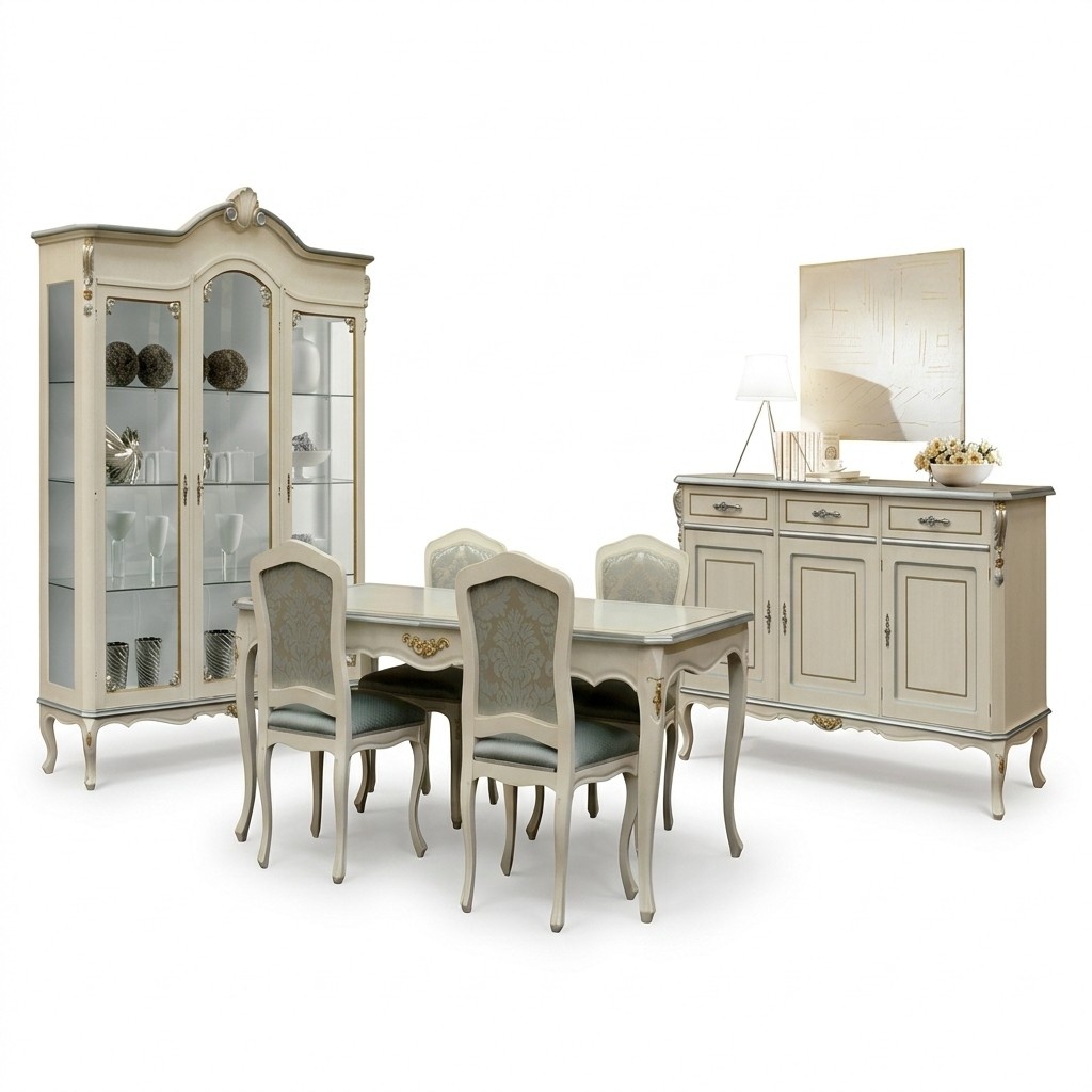 Luxus Esszimmer Set Garnitur 7tlg WeiÃ Holz MÃ¶bel Kommode 4x Stuhl Tisch Vitrine