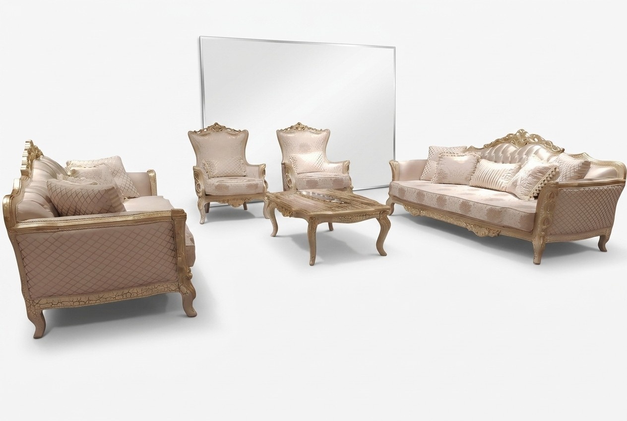 Luxus Gold Set Sofagarnitur 3+3+1+1 Sitzer Couchtisch Sofa Sessel Sofas 5tlg