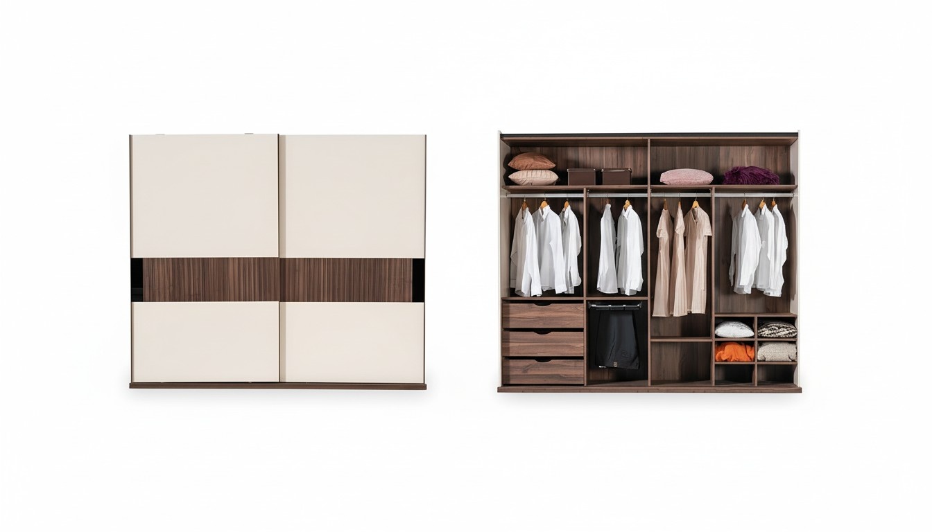 Luxus Kleiderschrank mit SchwebetÃ¼ren Holz Schrank Modern Stil Beige