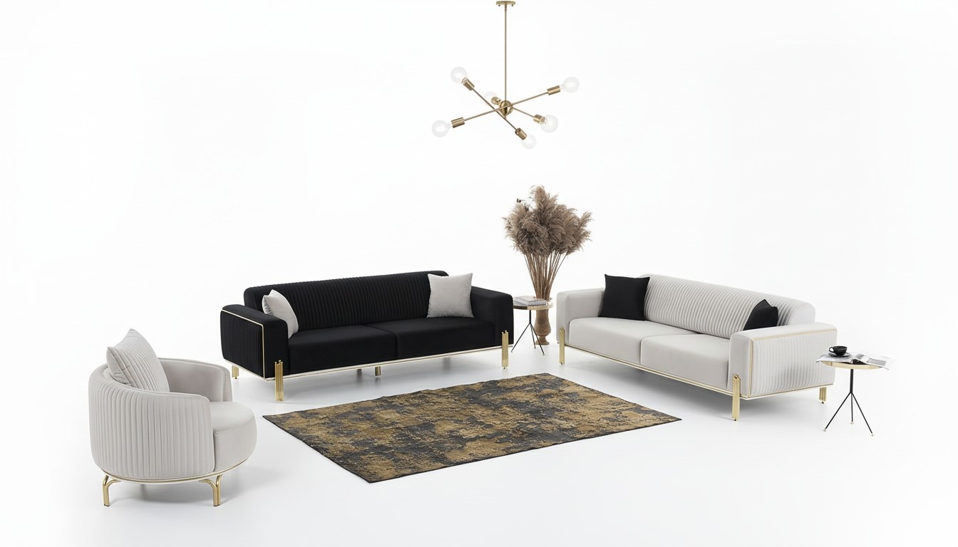 Luxus Sofagarnitur Dreisitzer Moderner Sessel StoffmÃ¶bel Set 3tlg Schwarz 3+3+1