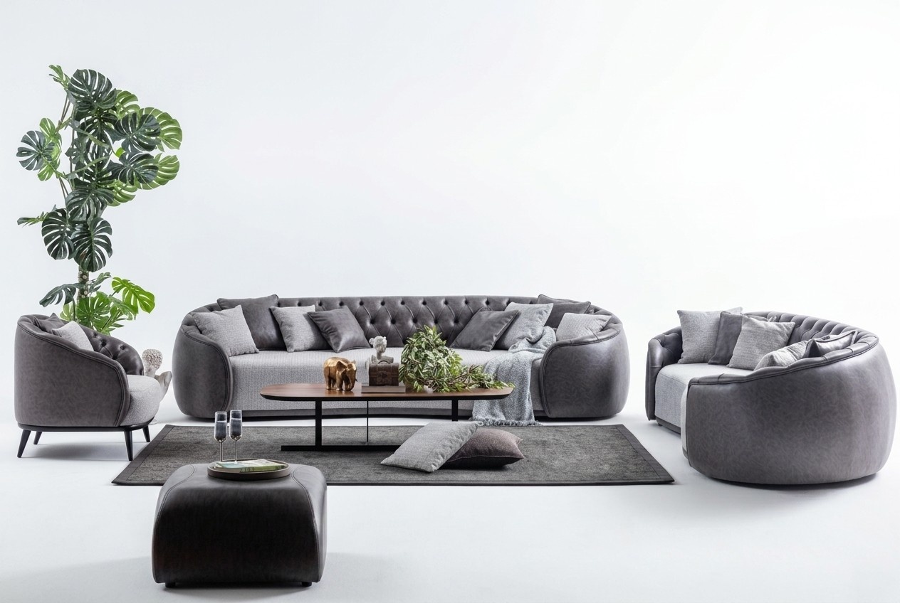 Luxus Villen MÃ¶bel Graue Chesterfield Sofagarnitur Stoffcouchen Textil 4+3+1