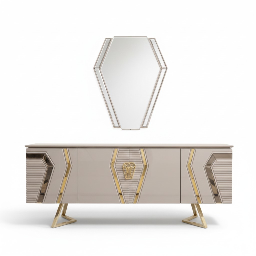 Luxus WeiÃ-Goldene Kommode mit Spiegel Designer Sideboard HolzmÃ¶bel