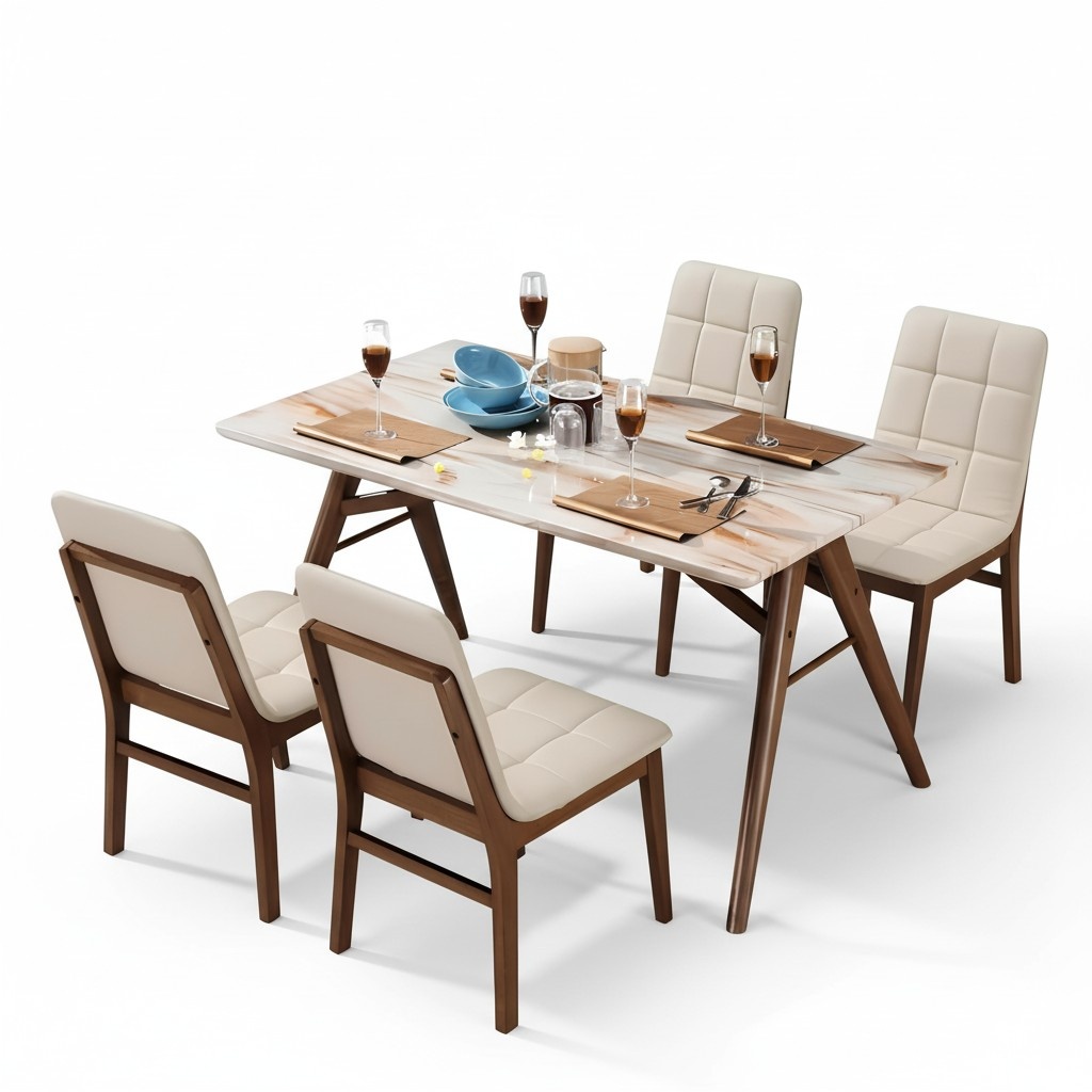 Marmor Ess Tisch Holz Designer Zimmer Komplett Set Garnitur 5 tlg.