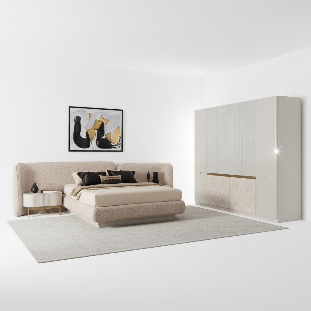 Modern Beigefarbene Holz-MÃ¶belset fÃ¼r Schlafzimmer mit Bett