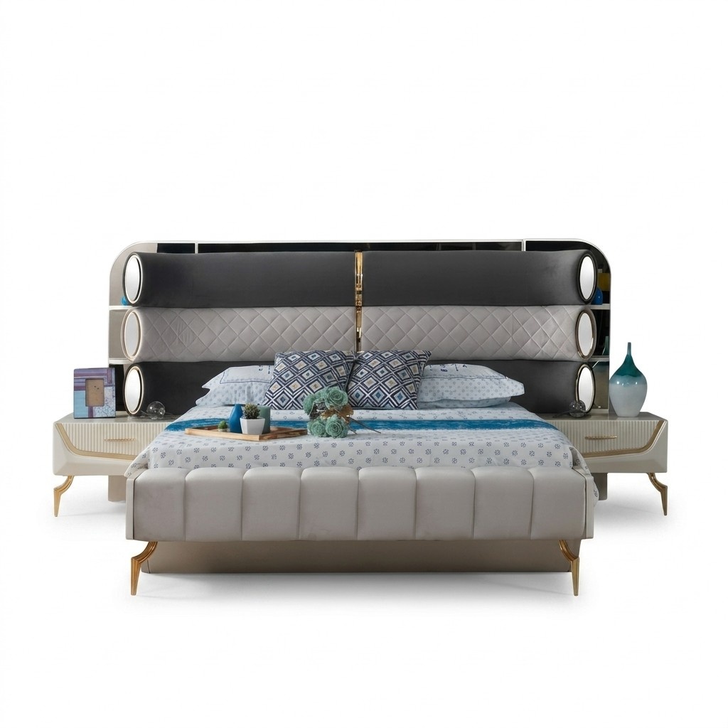 Modern Bett 2x Nachttische Modern SchlafzimmermÃ¶bel Holzgestell Design MÃ¶bel