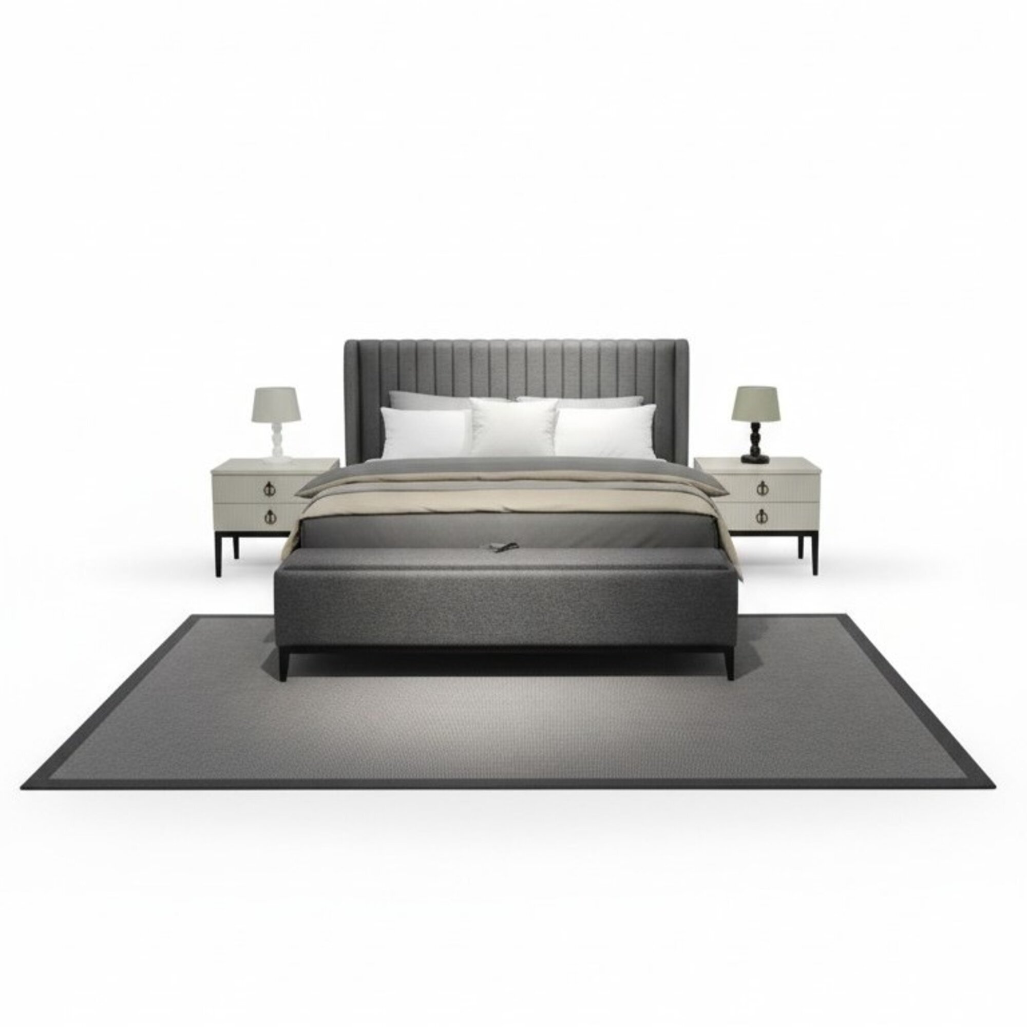 Modern Bett + Bank + 2x Nachttische zugleich Funktional und Komfortabel