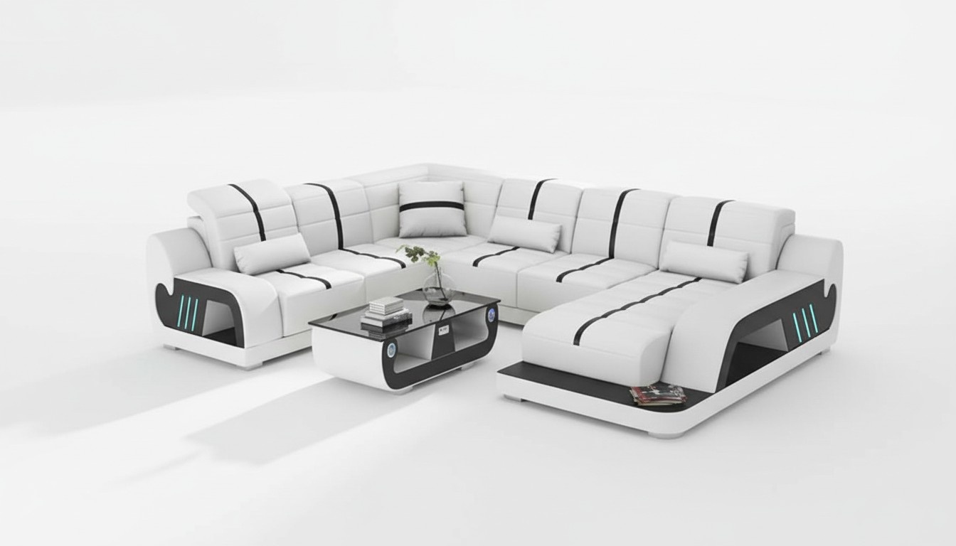 Modern Wohnlandschaft Sofa U Form Ecksofa Designersofa WeiÃ Kunstleder