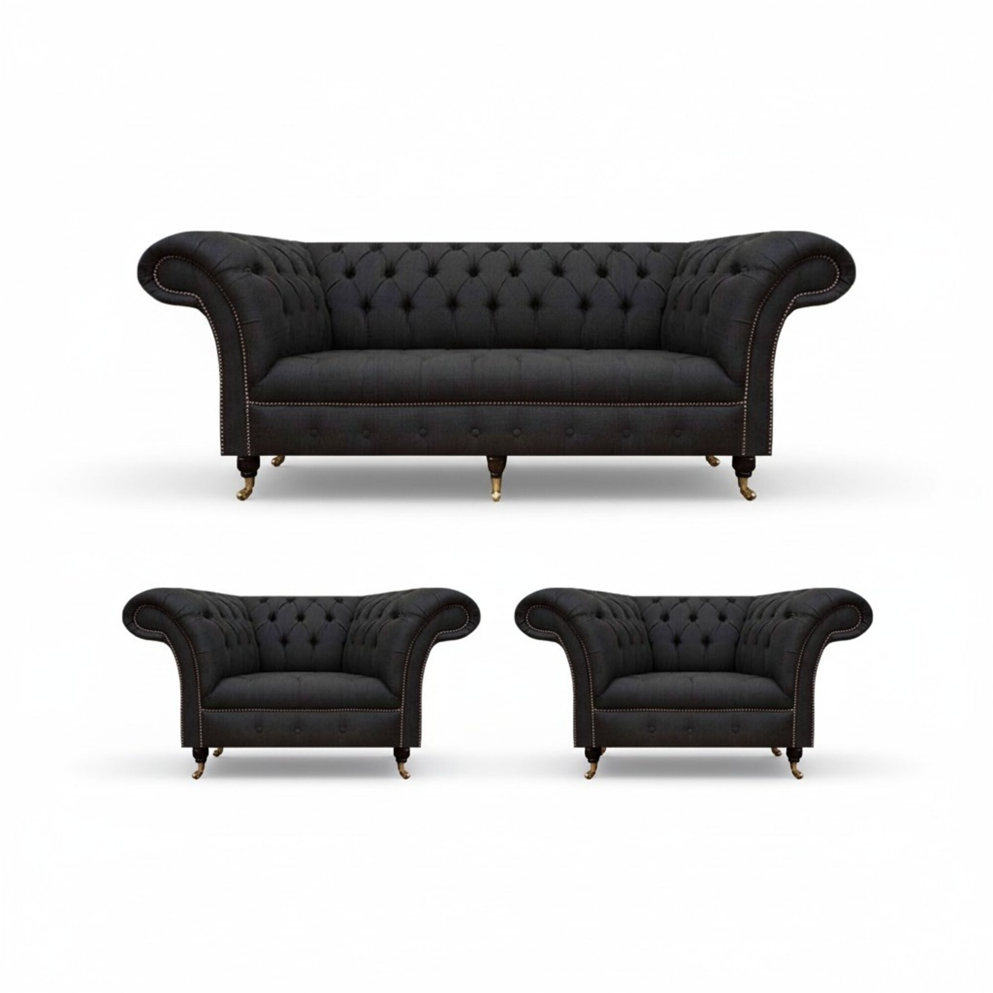 Moderne Chesterfield Schwarze Garnitur Designer 2x Textilsessel 3-Sitzer