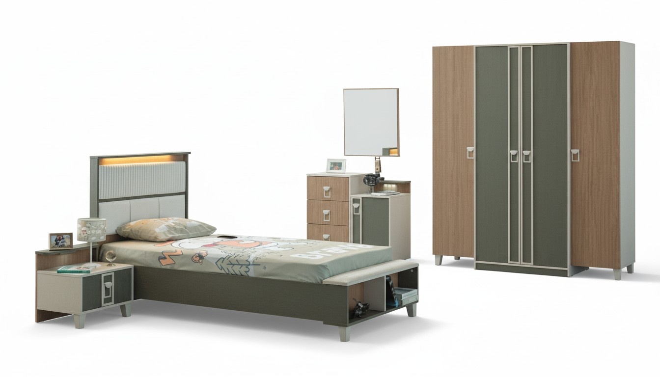 Moderne Komplette KindermÃ¶bel Kinderbett Grau Holz Set 5tlg Nachttisch