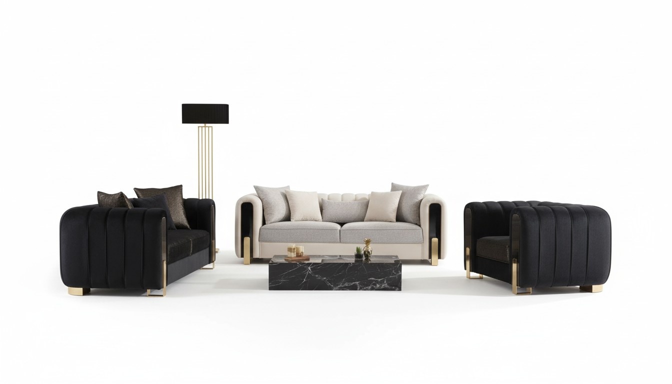 Moderne Sofagarnitur 2x Dreisitzer + Sessel PolstermÃ¶bel Edelstahl mÃ¶bel 3tlg