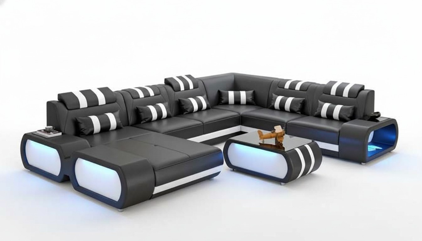 Moderne XXL Sofa U Form GroÃ Ecksofa Ledersofa Schwarz Kunstleder