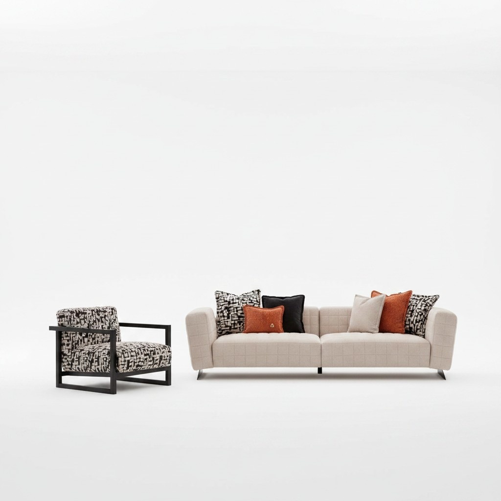 Moderner 2-tlg. Wohnzimmer Set aus Textil in Mehrfarbig Beige