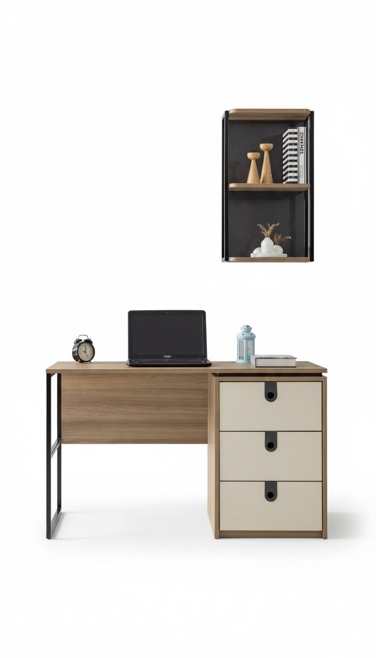 Moderner Schreibtisch mit integriertem Schubladenelement in Creme und schwarzen