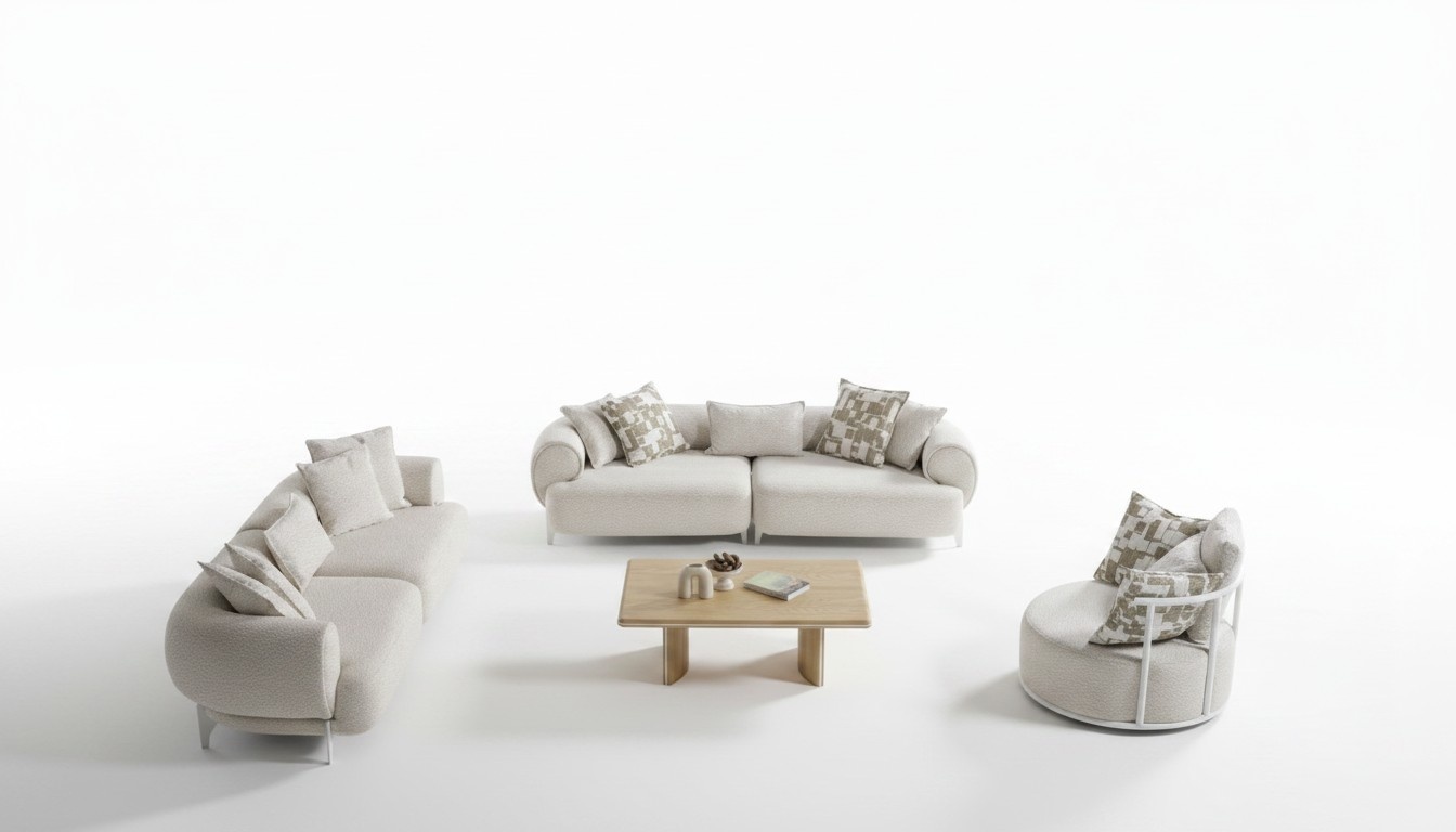 Moderner Wohnzimmer Set aus Holz und Textil in Beige