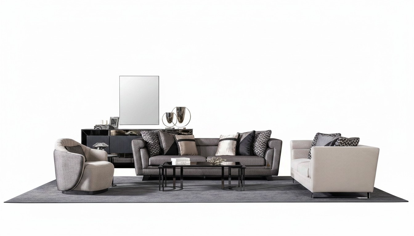 Moderner Wohnzimmer Set aus Textil in Grau mit Holzrahmen
