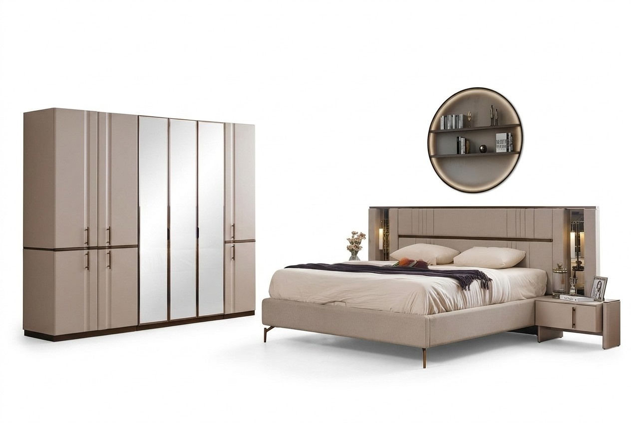 Modernes Beiges Doppelbett 2x Nachttische Kleiderschrank Holz MÃ¶bel