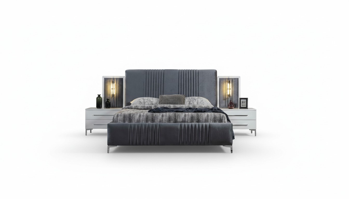 Modernes Graues Doppelbett 2x Holz Nachttische Schlafzimmer Garnitur