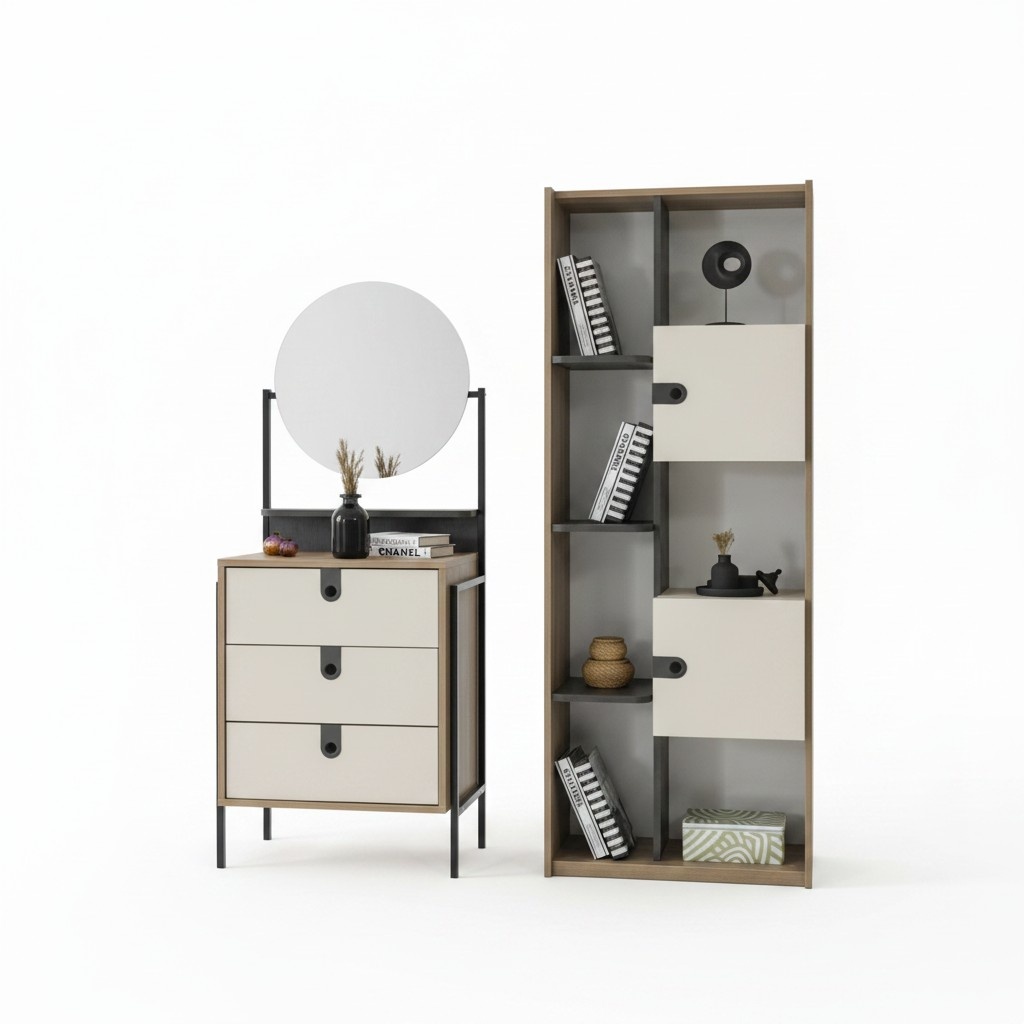 Modernes Set aus Kommode mit Spiegel und BÃ¼cherregal in Holzoptik und Creme