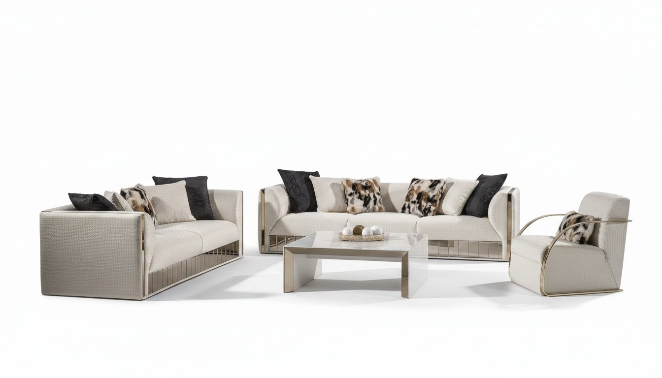 Modernes weiÃes Wohnzimmer Set aus Holz und Textil