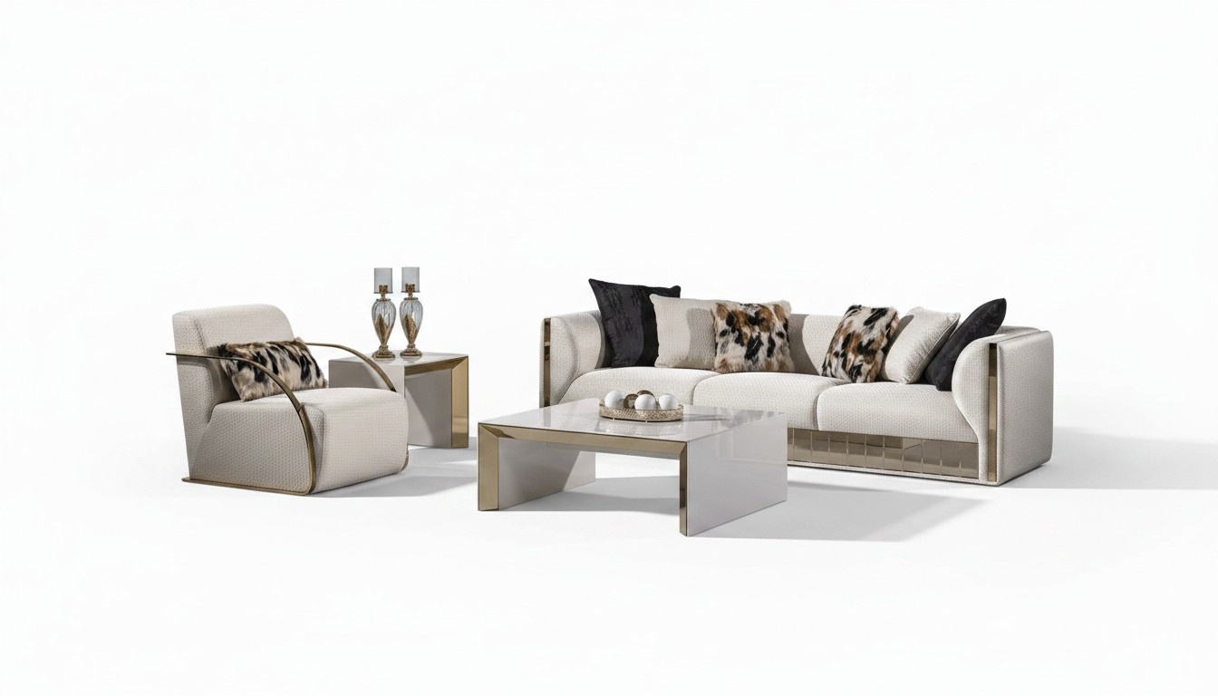 Modernes weiÃes Wohnzimmer Set aus Holz und Textil