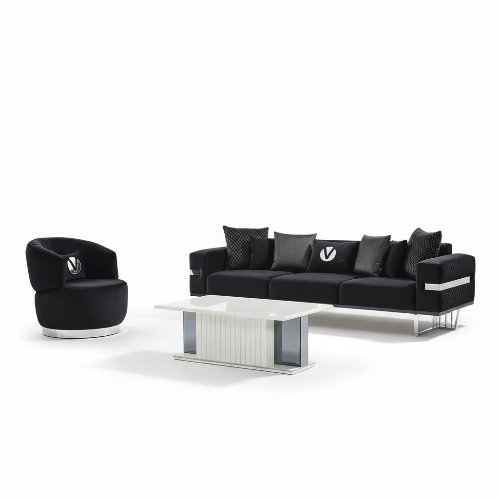 Modernes Wohnzimmer Set Schwarzes Sofa schwarzer Sessel Couchtisch